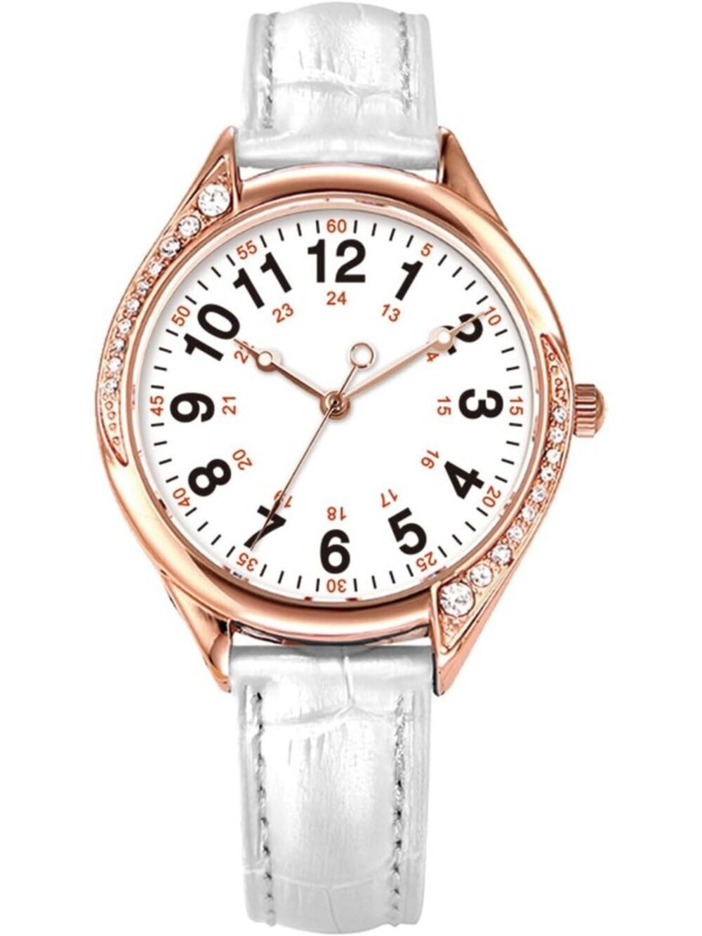 Women's White Analog Quartz Leather Band Crystal Rhinestone Bezel Wrist Watch